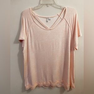 Blush pink soft tee with lace trim
